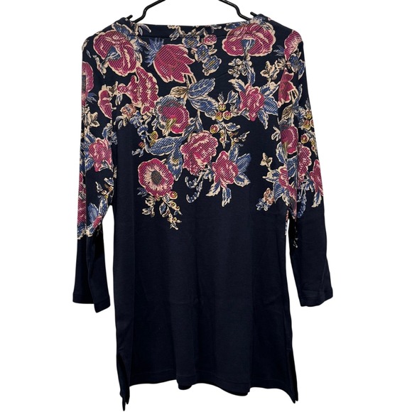 Chicos Floral Pima Cotton Knit Tunic Top 3/4 Sleeve Square Neck Navy‎ Size 1 M 8 - Picture 7 of 8
